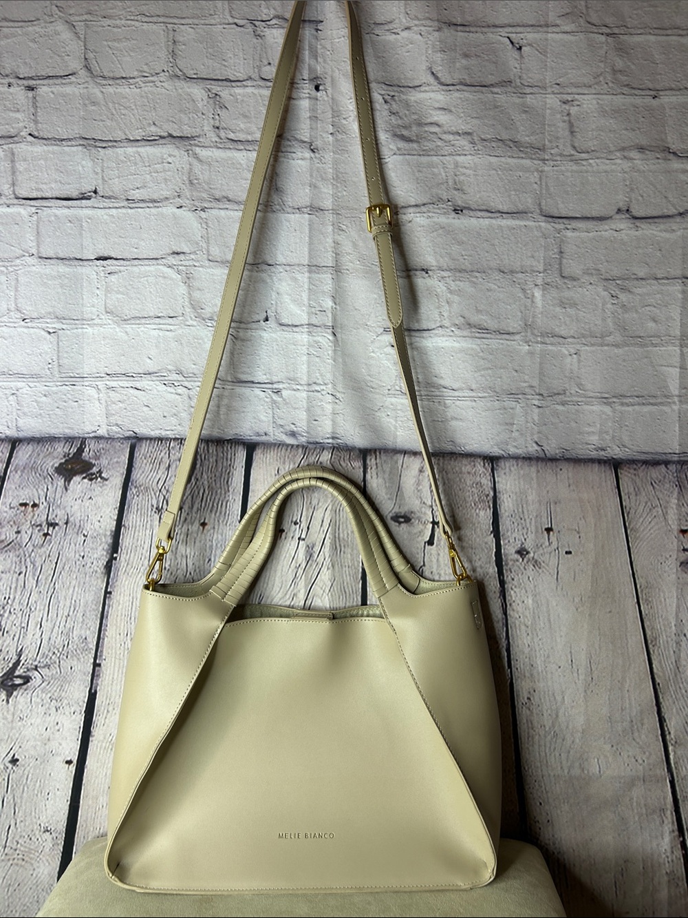 Melie Bianco Pale Cream Leather Shoulder Tote with Removable Strap
